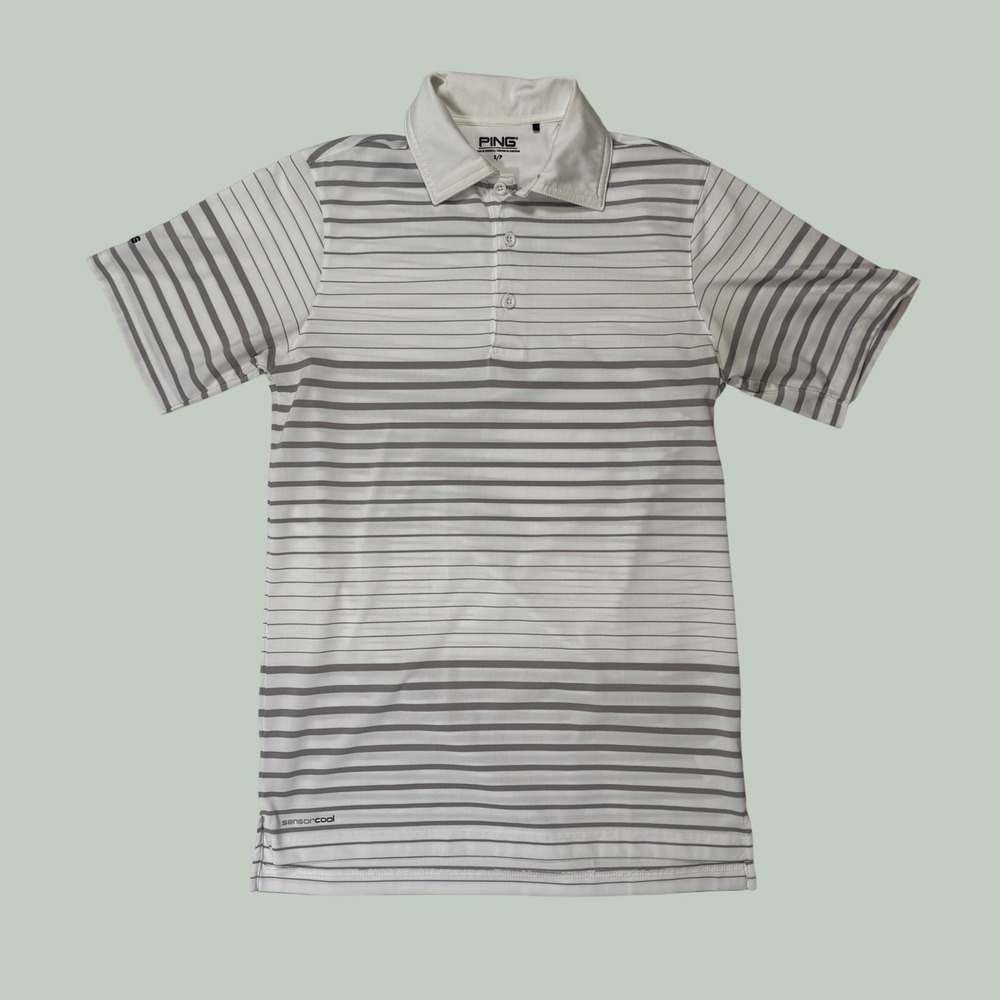 Ping SensorCool Mens Golf Polo Shirt White Grey Striped Short Sleeve S